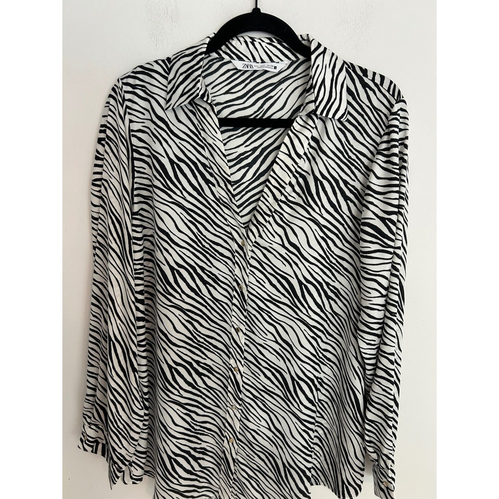 Zara Womens Zebra Print Button‎ Down Blouse Black White Long Sleeve Top Large